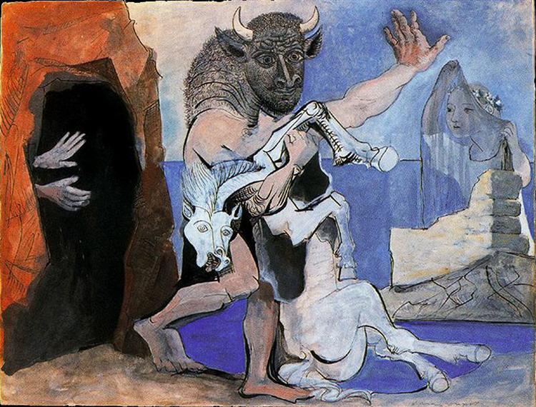 Minotaur With Dead Horse In Front Of A Cave Facing A Girl In Vei